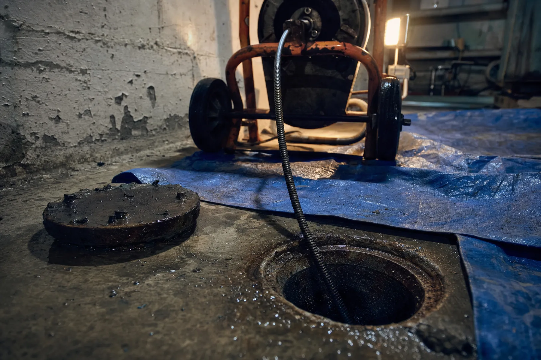 A main sewer cleanout opened in a basement floor with a drain machine and cable alongside it